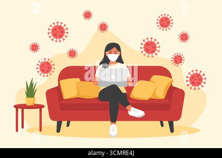 Donna che indossa la maschera che lavora su laptop a casa durante l'illustrazione pandemica con sfondo virus Illustrazione Vettoriale