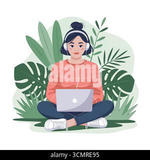 Designer creativa che lavora in remoto con un laptop e cuffie circondate da piante tropicali Illustrazione Vettoriale