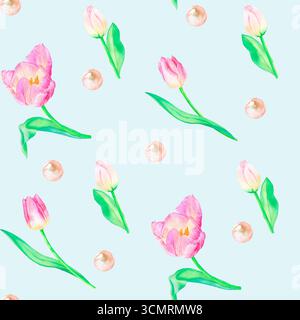 Acquerello tulipani e perle motivo senza cuciture, fiori primaverili perle dorate disegnate a mano. Adatto per la progettazione e la stampa. Foto Stock