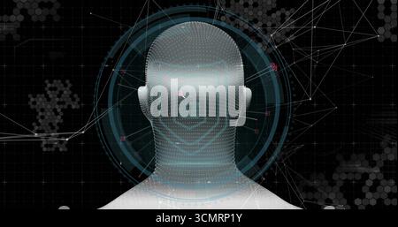 Silhouette della testa 3D che ruota nell'interfaccia virtuale, con anelli HUD, griglia esagonale e nodi di rete Foto Stock