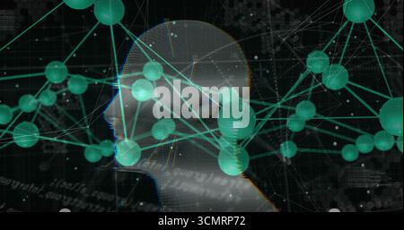 Visualizzazione della testa a reticolo che collega sfere verdi, linee luminose nella rete dati, codice e griglia esagonale Foto Stock