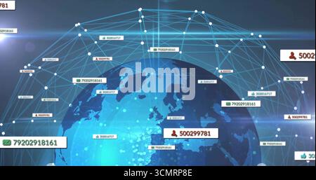 Rendering del globo terrestre con sovrapposizione mesh nel cyberspazio, con etichette numeriche e icone social Foto Stock