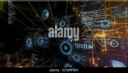 Proiezione di pannelli dell'interfaccia utente 3D che visualizzano codice, grafici e dati delle mappe nello spazio virtuale, con nodi luminosi Foto Stock