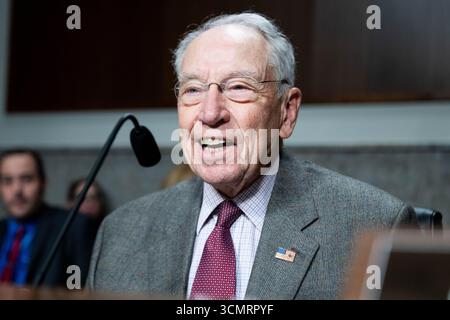 Washington, Stati Uniti. 17 settembre 2025. Il senatore degli Stati Uniti Chuck Grassley (R-IA) in un'audizione del Comitato giudiziario del Senato presso il Campidoglio degli Stati Uniti. (Foto di Michael Brochstein/Sipa USA) credito: SIPA USA/Alamy Live News Foto Stock