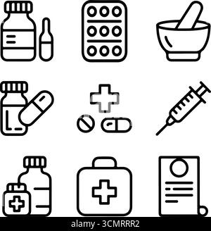 Illustrazioni in bianco e nero di icone mediche e farmacie Illustrazione Vettoriale