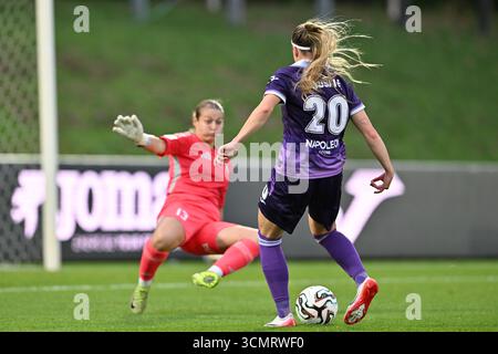 Deinze, Belgio. 17 settembre 2025. Rimante Jonusaite (20) di Anderlecht nella foto durante una partita di calcio femminile tra RSC Anderlecht Women e Aris Limassol FC nel primo turno di qualificazione della stagione 2025-2026 della UEFA Womens Europa Cup, mercoledì 17 settembre 2025 a Deinze, Belgio. Crediti: Sportpix/Alamy Live News Foto Stock