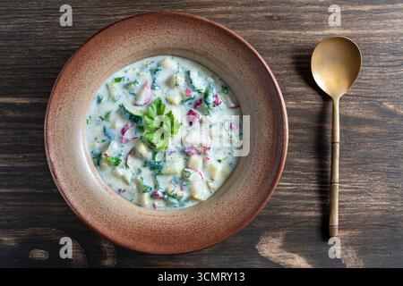 Zuppa di yogurt freddo estivo con cetriolo, ravanello, patate, uova bollite e aneto in piatto su sfondo di legno. Vista dall'alto, primo piano. Okroshka - Ukra Foto Stock