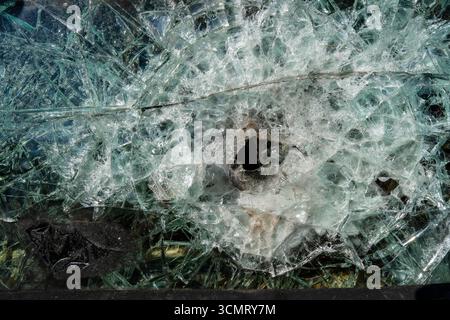 Foro proiettile in vetro perforante. Corazzatura vetro perforante di veicolo da combattimento della fanteria militare danneggiato durante la guerra tra russia e Ucraina. Indietro Foto Stock