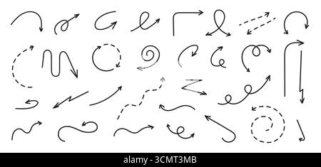 Frecce disegnate a mano in forme curve, tratteggiate, a spirale e ondulate con pennarello nero o a penna. Elementi a forma di freccia direzionale. Gruppo di vettori dei puntatori a freccia di schizzo della linea isolata. Illustrazione Vettoriale
