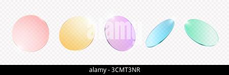 Vetro rotondo colorato. Piastre rotonde trasparenti sfumate, lente o disco con riflesso lucido a specchio. Set di vettori isolati per morfismo del vetro Y2K con rendering realistico 3D. Illustrazione Vettoriale