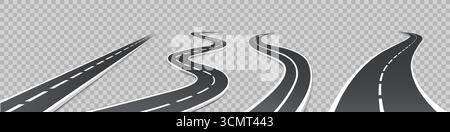 Strada, autostrada tortuosa. percorso asfalto 3d, percorso curvo del traffico automobilistico in prospettiva, percorso di viaggio. Pista da corsa realistica, strada astratta, concetto di trasporto su autodromo, infografiche. Gruppo vettoriale. Illustrazione Vettoriale