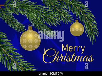 realistico biglietto di natale 3d con giocattoli sull'albero di natale, il giocattolo è decorato con fiocchi di neve albero di natale e palla di natale 3d. Illustrazione Vettoriale