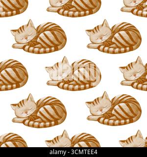 Motivo senza cuciture di gatto dormiente in stile acquerello. Design accogliente e divertente, perfetto per tessuti, carta da imballaggio, arredamento per bambini Foto Stock