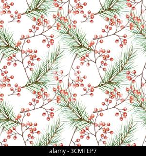Motivo natalizio senza cuciture con rami di abete verde e rametti di bacche rosse. Illustrazione ad acquerello disegnata a mano. Clip art di Capodanno in pastello rustico per Foto Stock