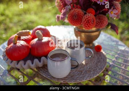 Primo piano di bevande calde a base di caffè nelle tazze per la colazione nel giardino autunnale. Tavolo decorato con fiori dahlia e zucche per la caduta in arancione Foto Stock