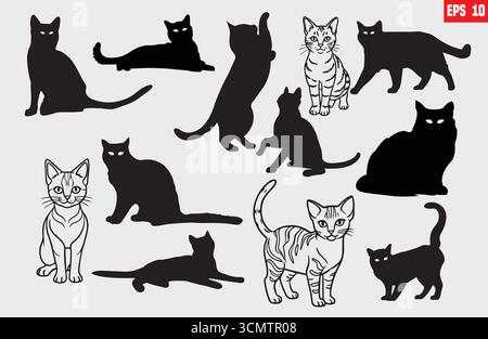 Serie di sagome di gatti in posizioni diverse. Gatti neri disegnati a mano isolati su sfondo bianco. Illustrazione vettoriale degli elementi decorativi di Halloween Illustrazione Vettoriale