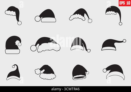 Grande set di cappelli di Babbo Natale isolati su sfondo trasparente. Collezione di cappelli Vector Babbo Natale, berretto natalizio e illustrazione natalizia Illustrazione Vettoriale