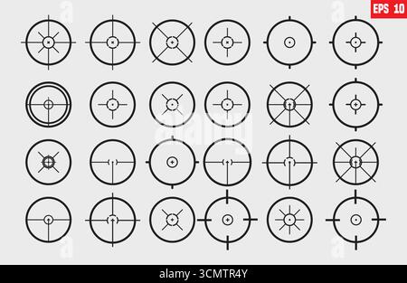 Mirino, icone vettoriali di avvistamento della pistola. Bullseye, bersaglio rosso o simbolo di mira. Fucile militare, segno di tiro. Puntando a un tiro Illustrazione Vettoriale
