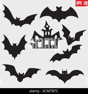 Collezione di pipistrelli di Halloween, elemento pipistrello di Halloween, pipistrello nero vettoriale, Illustrazione Vettoriale