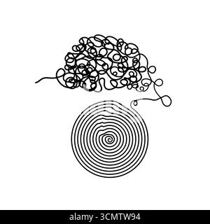 Groviglio e srotolamento di pensieri tracciati in un'unica linea continua. Concetto di psicoterapia, salute mentale, risoluzione dei problemi. Linea modificabile vettoriale Illustrazione Vettoriale