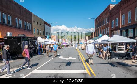 I venditori di arte e artigianato sono sulla Main Street durante il 5° Festival annuale delle Arti Plein Air a Brevard, North Carolina, una comunità di montagna popolare tra i turisti. Foto Stock