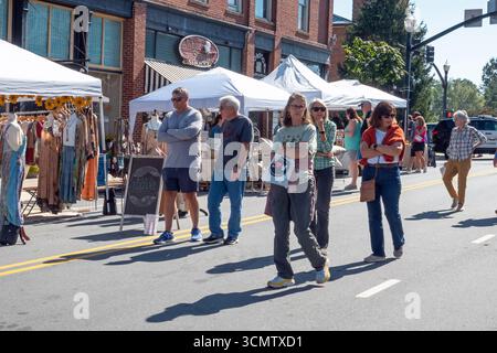 I venditori di arte e artigianato sono sulla Main Street durante il 5° Festival annuale delle Arti Plein Air a Brevard, North Carolina, una comunità di montagna popolare tra i turisti. Foto Stock