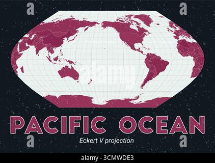 Oceano Pacifico. Mappa del mondo. Proiezione di Eckert V incentrata sull'Oceano Pacifico. Pallido Mint Dark Pink (Rosa scuro). Texture vintage. Illustrazione Vettoriale