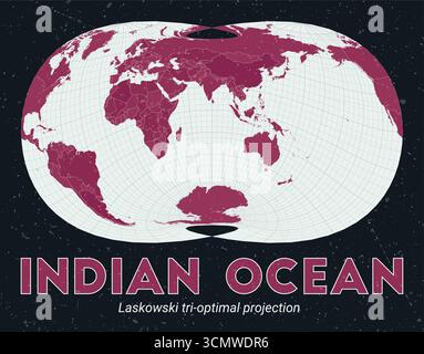 Oceano Indiano. Mappa del mondo. Proiezione tri-ottimale Laskowski centrata sull'Oceano Indiano. Pallido Mint Dark Pink (Rosa scuro). Texture vintage. Illustrazione Vettoriale