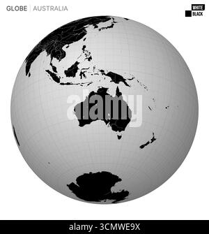 Il globo vettoriale è incentrato sull'Australia. Tavolozza bianco e nero. Mappa del mondo con meridiani, paralleli, paesi, fiumi e laghi. Illustrazione Vettoriale