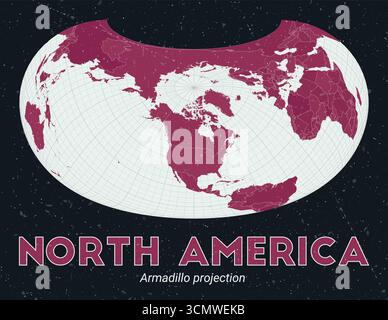 Nord America. Mappa del mondo. Proiezione di Armadillo incentrata sul Nord America. Pallido Mint Dark Pink (Rosa scuro). Texture vintage. Affascinante illustrazione vettoriale. Illustrazione Vettoriale