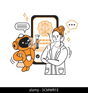 Grazioso robot e scienziata sorridente con provette. Interagiscono con dispositivi digitali che visualizzano il cervello. Stile minimalista in nero e sala operatoria Illustrazione Vettoriale