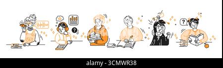 Illustrazione di studenti impegnati in attività didattiche. Personaggi diversi studiano e celebrano i risultati dell'apprendimento. Stile vivace e divertente Illustrazione Vettoriale