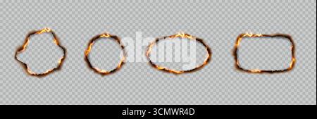 Illustrazione realistica di fori di carta bruciati con bordi ardenti su sfondo trasparente. Fiamme arancioni brillanti raffigurano danni causati dal calore, adatte per cre Illustrazione Vettoriale