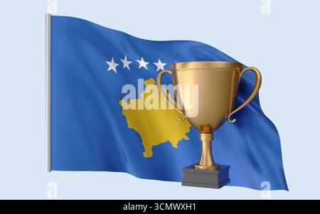 Kosovo Flag Trophy Achievement. Rendering 3D realistico di alta qualità che rappresenta l'identità nazionale, la cultura, l'orgoglio e il riconoscimento globale. Foto Stock
