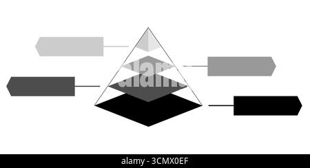 Illustrazione gerarchica statistica infografica del nero con triangolo di colore grigio diviso isolato su sfondo bianco, forma a piramide a quattro strati Illustrazione Vettoriale
