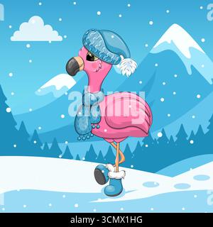 Carino Flamingo cartoni animati con cappello blu e sciarpa in inverno. Paesaggio di illustrazione vettoriale con animali, montagne innevate e neve in caduta. Illustrazione Vettoriale