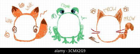 Bordi della cornice disegnati da bambini con segni a pastello di volpe arancione, rana verde e gatto con scrittura a mano per bambini su carta per notebook. Schizzi di animali giocosi con baffi, zampe e suoni per l'arte dei bambini. Illustrazione Vettoriale