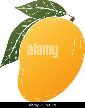 Un frutto di mango maturo con una pelle dorata liscia e una foglia verde attaccata allo stelo Illustrazione Vettoriale