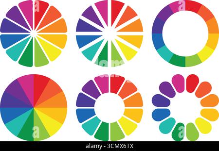 Esplora le ruote dei colori vivaci e le carte dello spettro che mostrano uno spettro di sfumature. Questi strumenti sono perfetti per artisti, designer e chiunque sia alla ricerca di cre Illustrazione Vettoriale