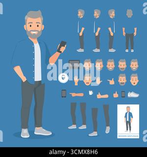 Costruttore di personaggi per l'animazione da uomo d'affari di mezza età. Set per la visualizzazione anteriore, laterale e posteriore. Parti del corpo, posture, raccolta delle pose. Illustrazione Vettoriale