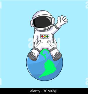 Simpatico astronauta sulla Terra che saluta Hello in Space, illustrazione vettoriale in stile cartoni animati piatti Illustrazione Vettoriale