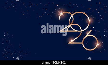Sfondo Capodanno 2026 con numeri dorati del logo 2026 su sfondo blu scuro. Design moderno con spazio per testo per il marketing aziendale e l'avidità dell'azienda Illustrazione Vettoriale