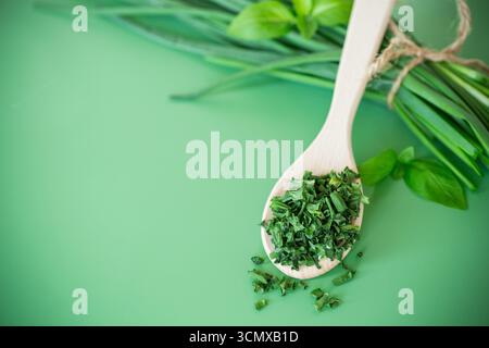Condimenti naturali da verdure e cipolle su sfondo verde. Foto Stock