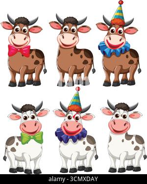 Sei mucche marrone cartoni animati e bianche in cappelli da festa e cravatta, stile grafico vettoriale. Illustrazione Vettoriale