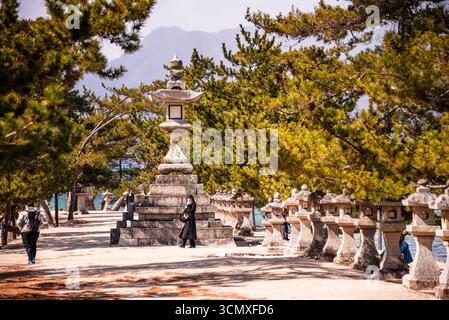 I turisti camminano lungo il sentiero delle Lanterne di pietra al Parco Momijidani vicino al Santuario di Itsukushima, all'Isola di Miyajima, Giappone Foto Stock