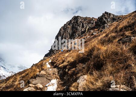 Stretto sentiero alpino che si snoda lungo una ripida collina sopra la valle di Langtang, Nepal Foto Stock
