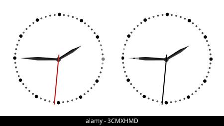 Set di orologi da parete 3D realistici con facce bianche e mani nere, isolati su sfondo bianco. Design minimalista, ideale per l'ufficio, l'arredamento della casa e. Illustrazione Vettoriale