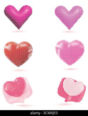 Set icone cuore pixel mosaico Illustrazione Vettoriale