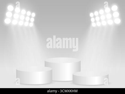 Palcoscenico illuminato con riflettori per cerimonia di premiazione, presentazione di prodotti o cosmetici o esposizione di eventi. Illustrazione vettoriale. Illustrazione Vettoriale