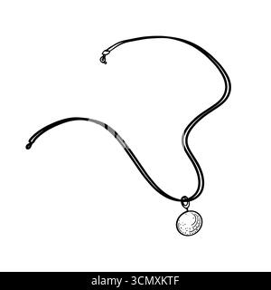Catena dorata con pendente circolare, illustrazione vettoriale bianco e nero. Collana con ciondolo geometrico minimalista disegnata a mano. Disegno della linea a catena per Illustrazione Vettoriale